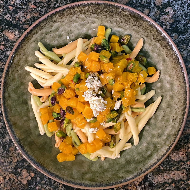 Pasta with butternut, pistachios, and feta