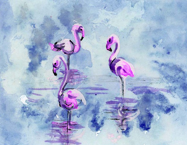 Blue Skies with Flamingoes-Gouache & Butterfly Peaflower tea on Hahnemühle Agave Mini cold press