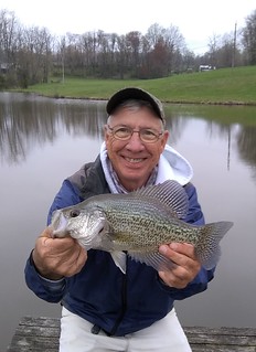 Photo of man at a lake holding a crappie