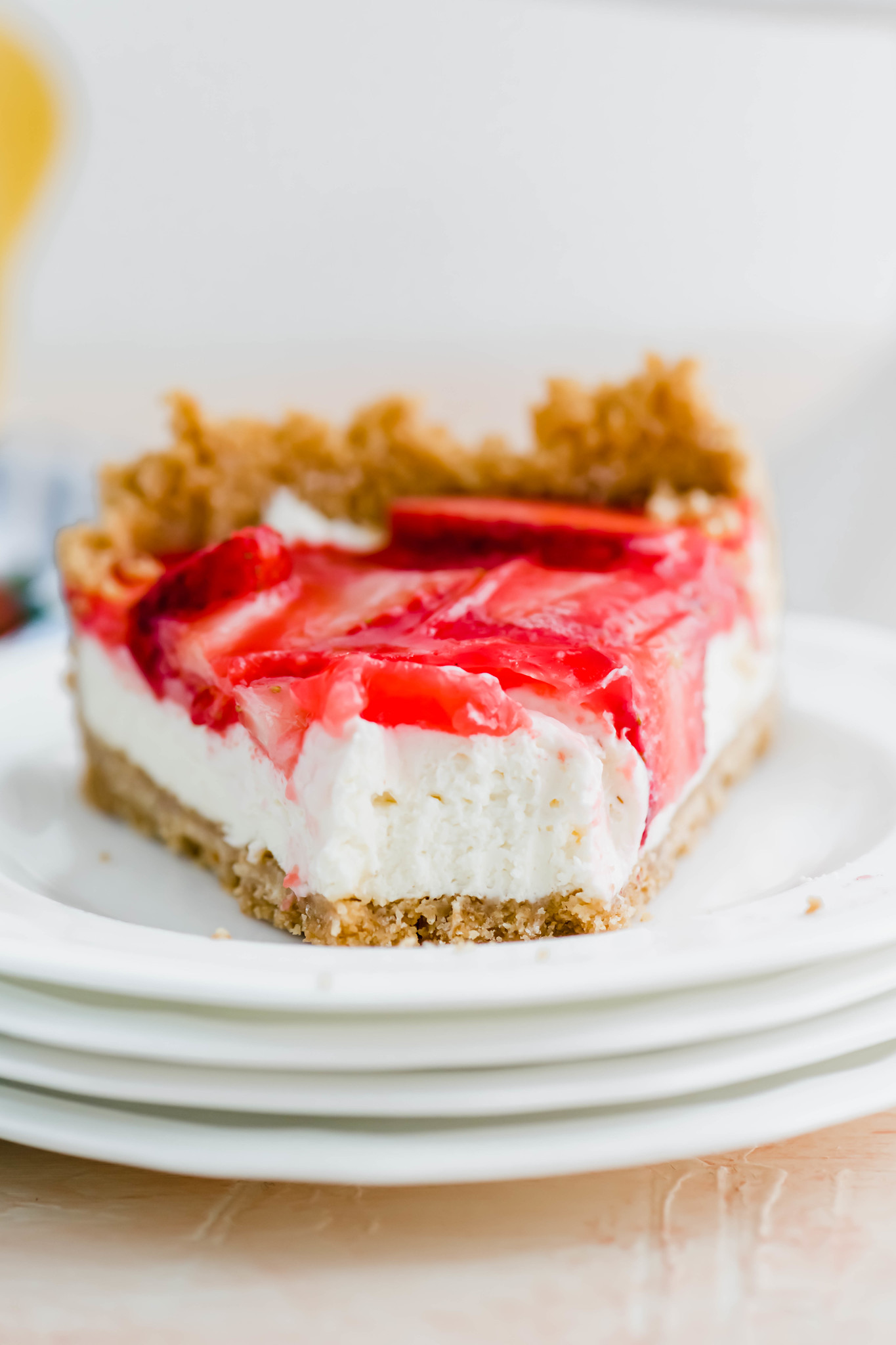 I combined two favorite summer desserts, cheesecake and strawberry pie, to make the most delicious treat, Strawberry Cream Cheese Pie. A fluffy, no-bake cheesecake filling topped with classic strawberry pie filling will have you addicted in no time.