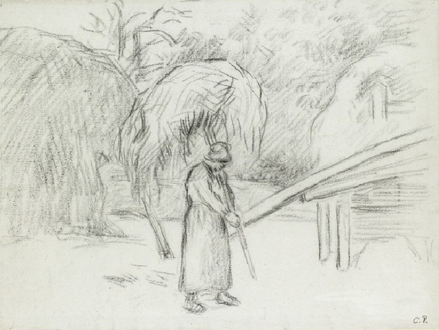 Étude d'une paysanne transportant une charge de foin dans la basse-cour de Montfoucault (Pissarro)