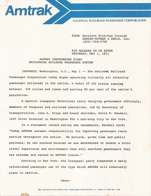 Amtrak First Day Press Release (page 1) - May 1, 1971
