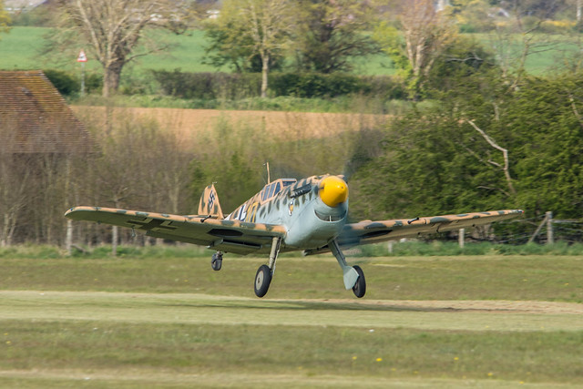 Takeoff 1, Hispano Buchon (Messerschmitt Bf 109) Yellow 10, Shuttleworth Airshow, 2021