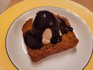 Pumpkin Spice Bread with rosemary ice cream and blueberry sauce