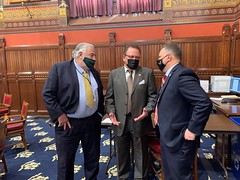 From left- State Representatives Charles Ferraro (R-Milford), Tony D'Amelio (R-Waterbury) and Ron Napoli, Jr. (D-Waterbury) discuss legislation during session on May 6th.