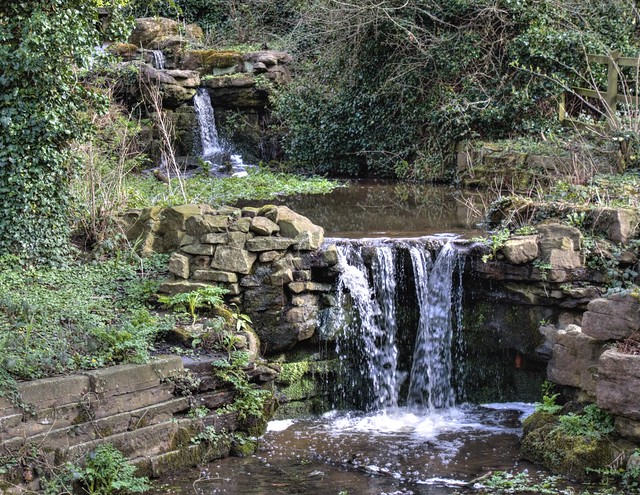 Mini waterfall at Halsam Park in Preston