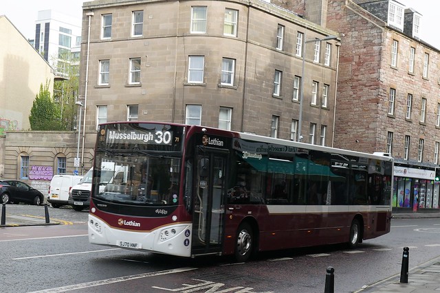 Lothian Volvo B8RLE MCV eVoRa SJ70HNF 71 operating service 30 to Musselburgh at St Patrick Square on 6 May 2021.