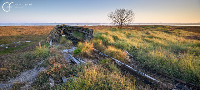 Wrabness boat wreck Spring sunrise Pano