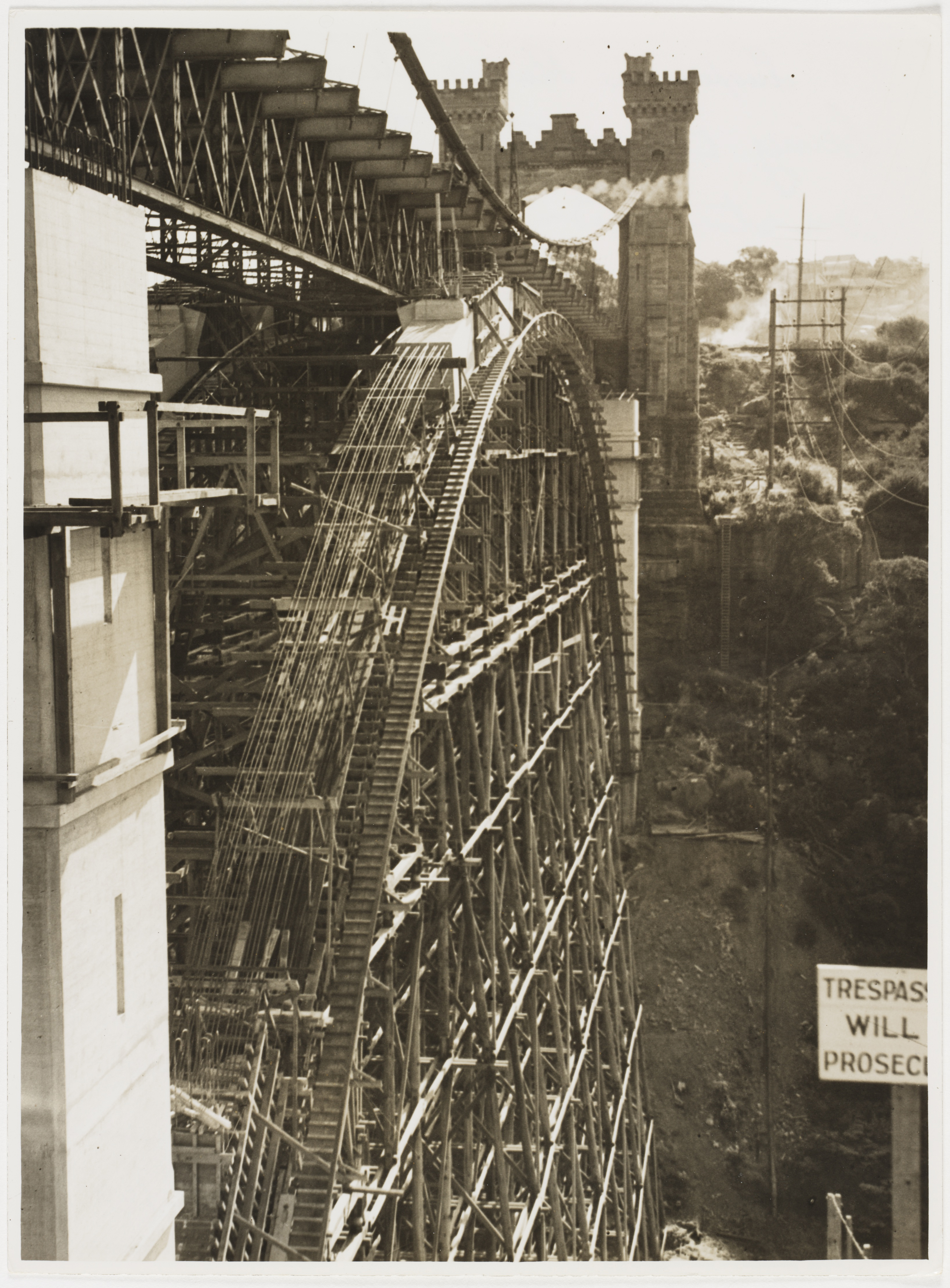 Northbridge Suspension Bridge being converted to cantilever construction, North Sydney, ca. 1938, Ted Hood