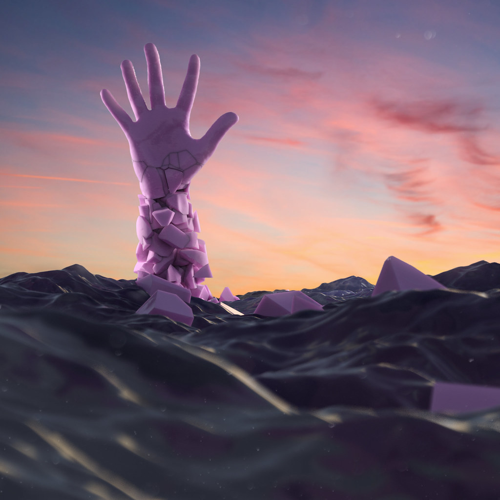 A purple hand reaching out of the water at sunset. The hand is falling into pieces at the bottom