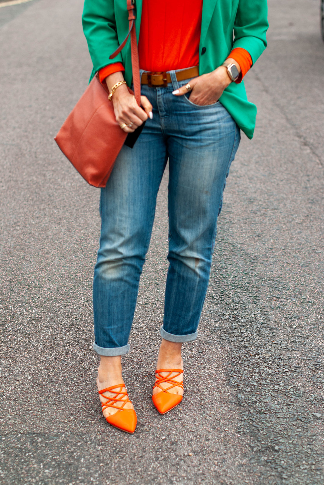 Orange and Green and My Favourite Jeans: Not Dressed As Lamb AKA Catherine Summers, Over 40 Style Blogger (green blazer, orange sweater, boyfriend jeans, orange strappy mules)