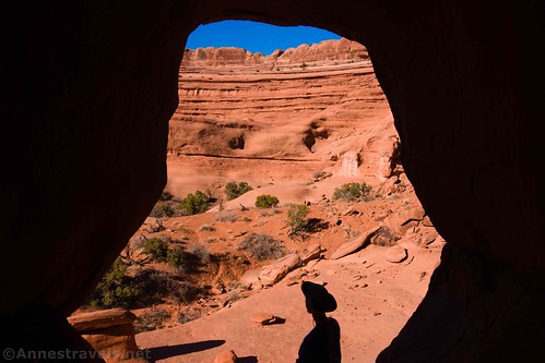 Looking out of the west end of The Tunnel, Arches National Park, Utah