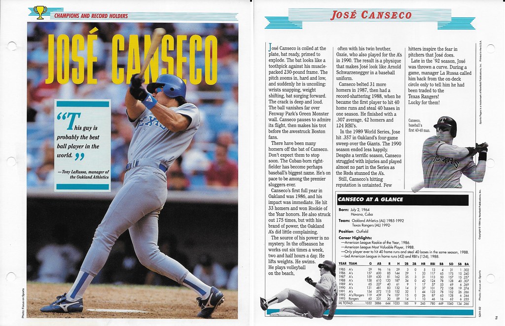 1994 Newfield Sports Pages - Champions and Record Holders - Canseco, Jose