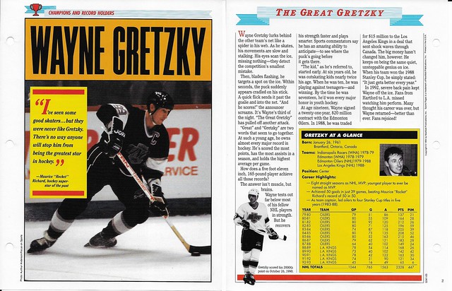1994 Newfield Sports Pages - Champions and Record Holders - Gretzky, Wayne - black jersey on front stats 92-93 b&w pic on back