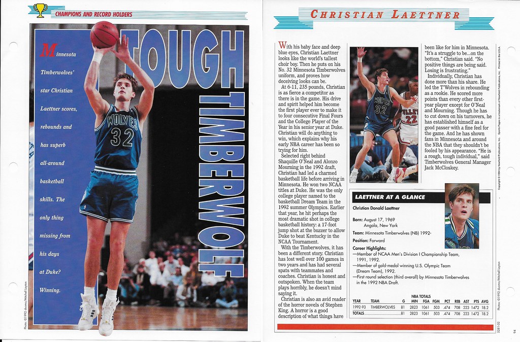 1994 Newfield Sports Pages - Champions and Record Holders - Laettner, Christian