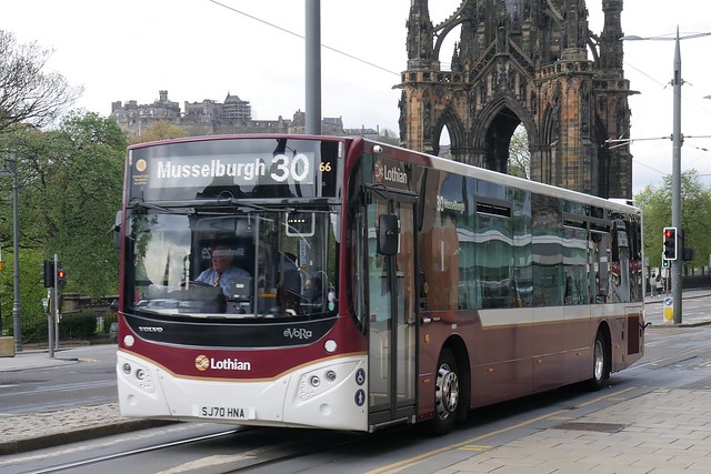 Lothian Volvo B8RLE MCV eVoRa SJ70HNA 66 operating service 30 to Musselburgh at Princes Street on 10 May 2021.