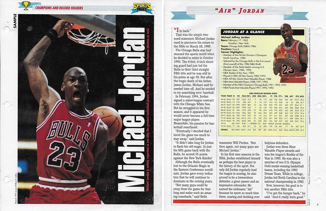 1996 Newfield Sports Pages - Champions and Record Holders - Jordan, Michael - stats 94-95 with Sports Pages Logo