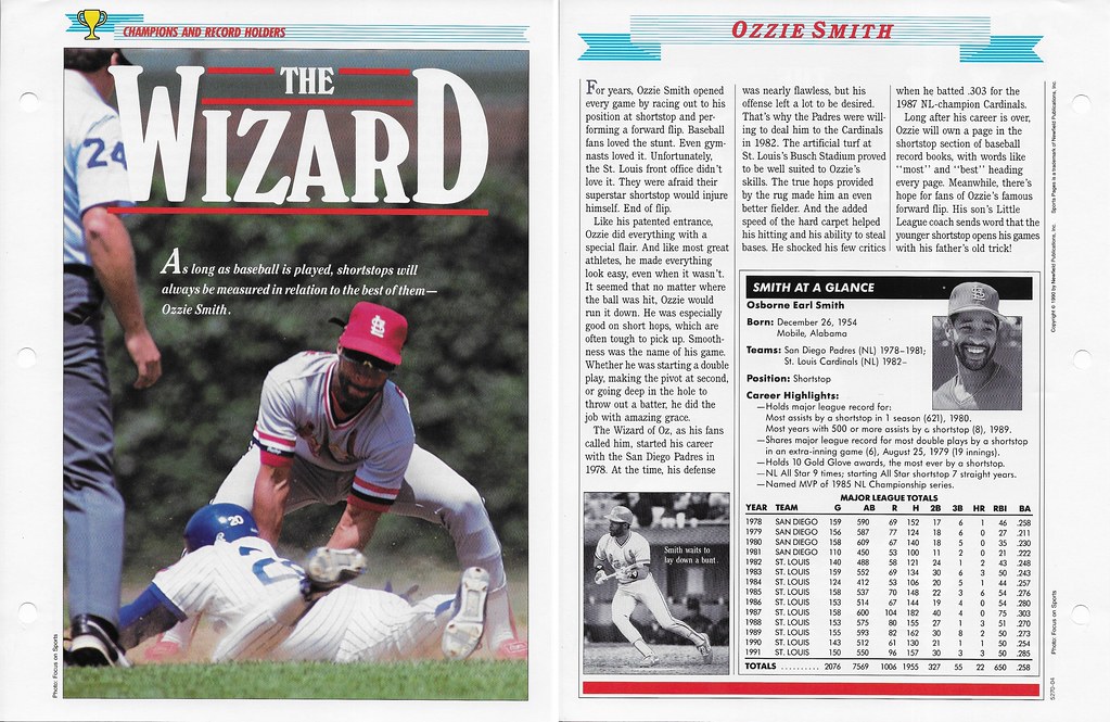 1989-91 Newfield Sports Pages - Champions and Record Holders - Smith, Ozzie (stats through 1991)