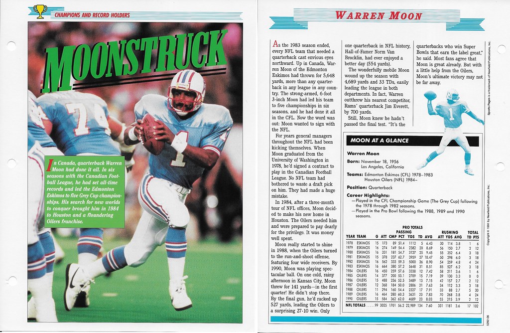 1989-91 Newfield Sports Pages - Champions and Record Holders - Moon, Warren (stats through 1990)