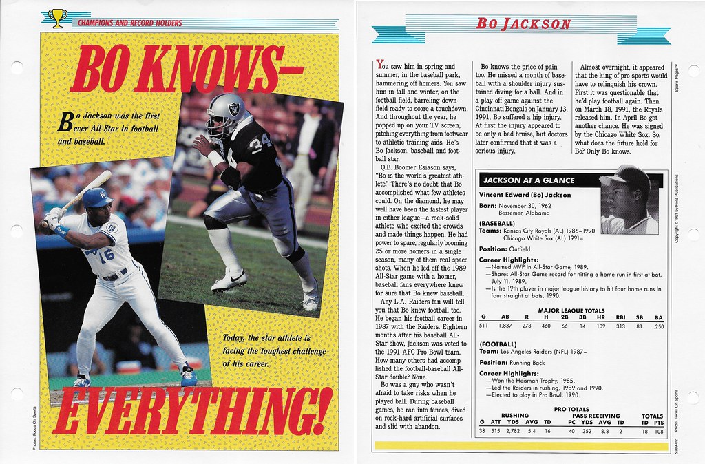 1989-91 Newfield Sports Pages - Champions and Record Holders - Jackson, Bo (511 games and black and white pic)