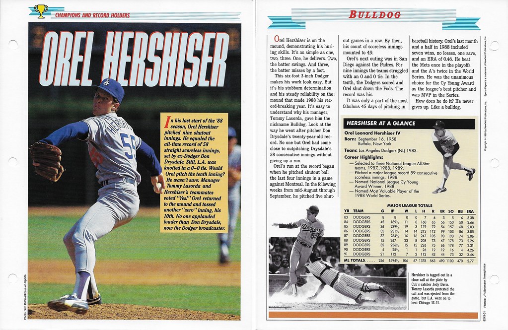 1989-91 Newfield Sports Pages - Champions and Record Holders - Hershiser, Orel