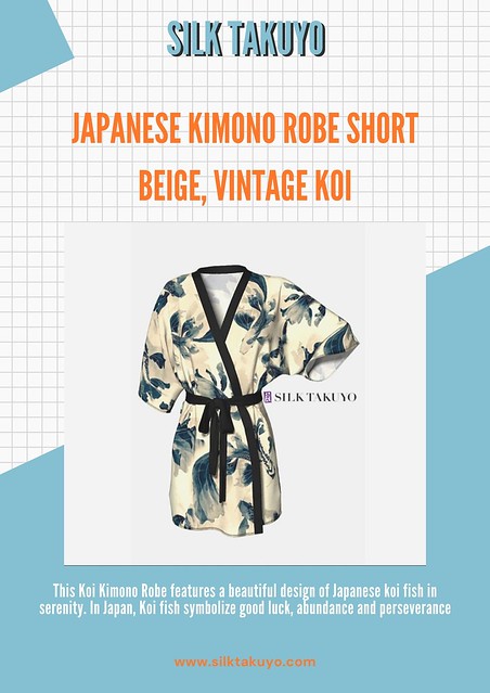 JAPANESE KIMONO ROBE SHORT BEIGE, VINTAGE KOI