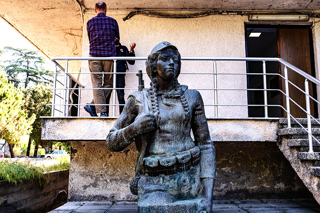 Statue of female soldier behind The National Museum of Fine Arts--Tirana