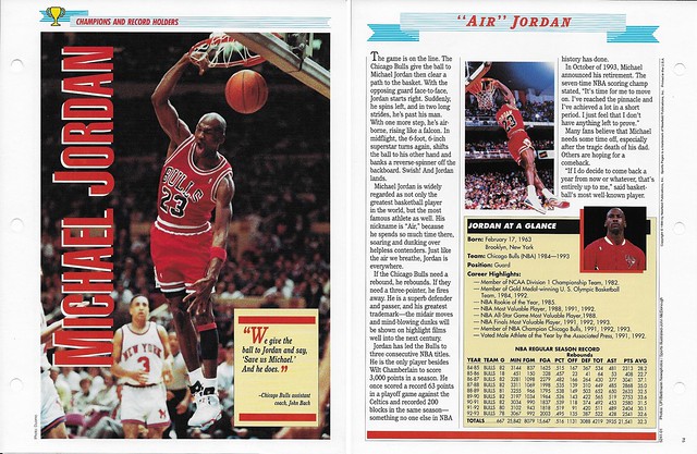 1994 Newfield Sports Pages - Champions and Record Holders - Jordan, Michael - stats 92-93 Bulls pic on back