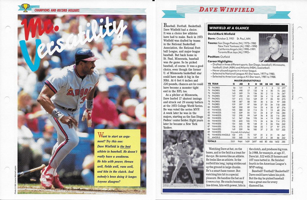 1989-91 Newfield Sports Pages - Champions and Record Holders - Winfield, Dave