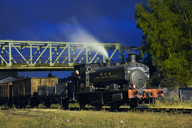 An Andrew Barclay industrial saddletank is seen at night at Snibston Colliery