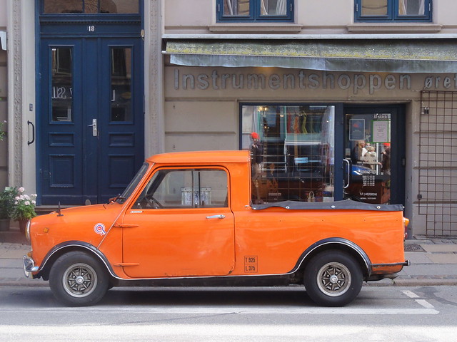 Rusting out in all weathers 1976 Morris Mini pickup DM90909 is still on the roads of Denmark