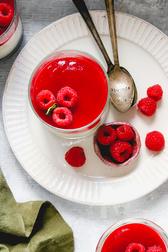 Salted Honey Buttermilk Panna Cotta with Raspberry Coulis