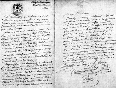 Marriage certificate of Pierre Bouchard and Marie Élisabeth Bergère