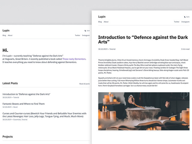 A white-themed website with a header showing the name, navigation, color mode toggle, and social links. The hero section with a greeting to the visitor is followed by a section called 'Latest Posts' and 'Projects'. This is a mockup of minimal-blog.lekoarts.de