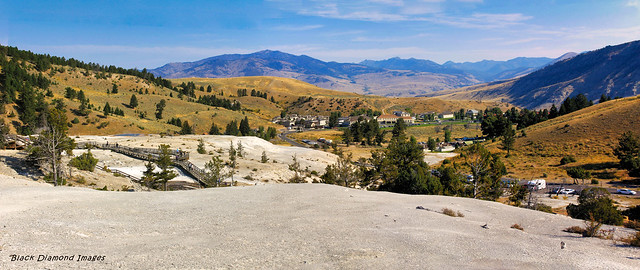 View over Mammoth Hot Springs Village from Upper Terraces, Mammoth, Wyoming, USA
