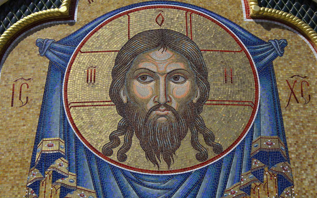 Russian Federation, Holy Moscow Architecture, the Mosaic of Jesus Christ Pantocrator in the facade of Cathedral Church of Saint Igor of Chernigov in Peredelkino, 7th Lazenki Street, New Moscow, Novo-Peredelkino district. Православнаѧ Црковь.