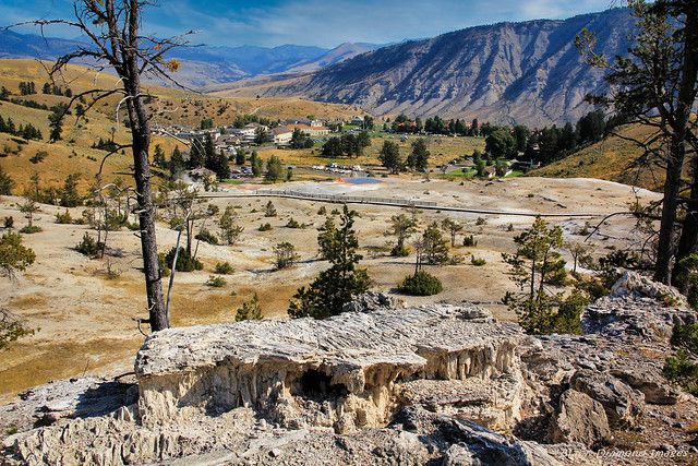 View to Mammoth Hot Springs Hotel, Fort Yellowstone and Opal Terrace, Mammoth Hot Springs, Wyoming, USA