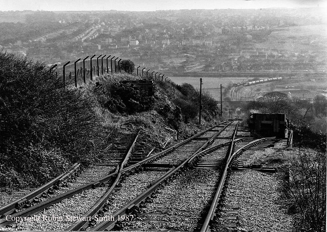Corkickle Brake Incline (near Whitehaven) view east down the rope woked incline to LMS Corkickle Station Sidings with escape pits visible near Corkickle Brake Control Tower at the summit on 23rd April 1987