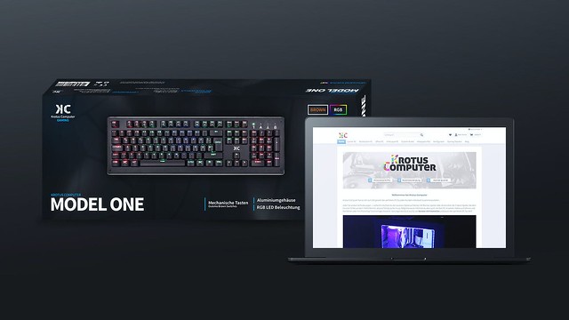 Mockup of a custom designed keyboard, its packaging and the website announcement. The packaging for the keyboard features the name 'Model One' and a preview of the keyboard itself. It's a RGB + Numpad keyboard with mechanical keys -- the packaging gives that information with labels and text. Besides the package a laptop mockup is showing a preview of the shop owners' website called 'Krotus Computer'.