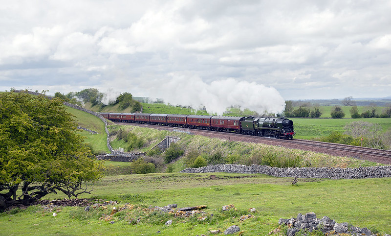 No.35018 'British India Line' works the Railway Touring Companies 'Cumbrian Mountain Express' south past Waitby.