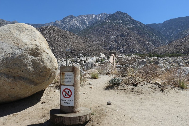 The famous water fountain on the PCT in Snow Creek, with San Jacinto Peak in the distance - a faucet would've been better