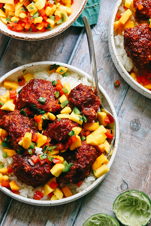 Chipotle Honey BBQ Cauliflower Wings with Mango Salsa and Coconut Rice