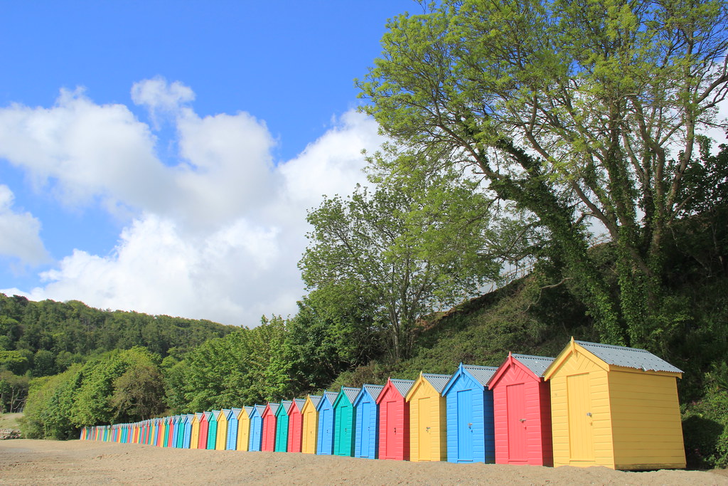 Colourful beach huts on Llanbedrog Beach