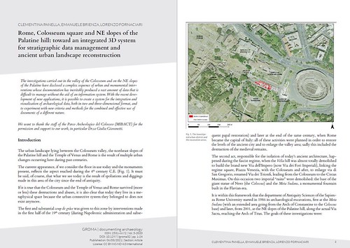 ROMA ARCHEOLOGICA & RESTAURO ARCHITETTURA 2021. Clementina Panella et al., "Colosseum square & NE slopes of the Palatine hill: an integrated 3D system for stratigraphic data management & ancient urban landscape reconstruction." GROMA 5 (2020): 1-24 [PDF].