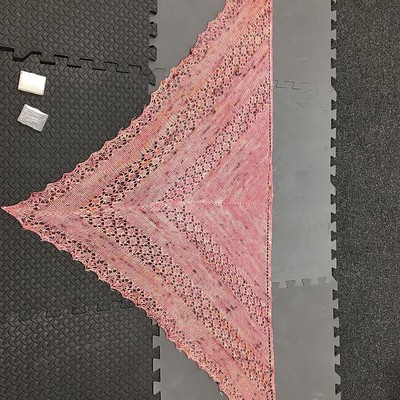 Lynda, Heidi’s mom finished this stunning June Bunnies Shawl by Inese Andzane. Yarn is Madelinetosh TML in Barbara Deserves Better colour.