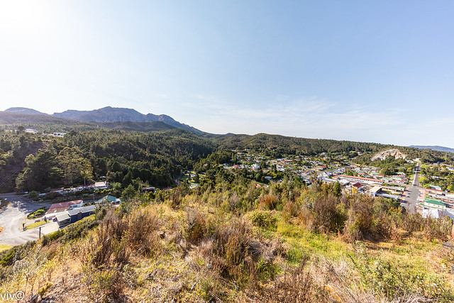 Bird's eye view of historic mining town Queenstown, Tasmania, Australia