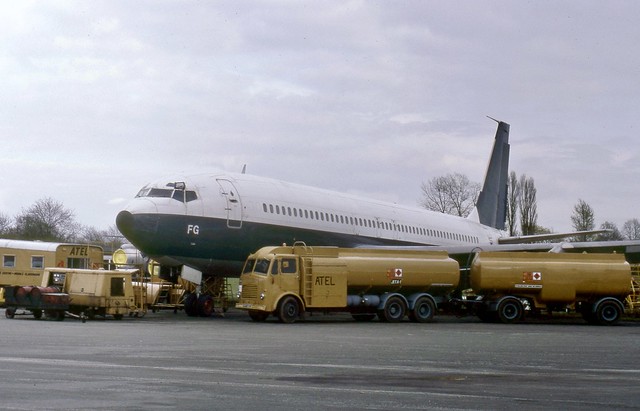 G-APFG ex-British Airtours Boeing 707-436 languishes at London Stansted surrounded by various vintage vehicles