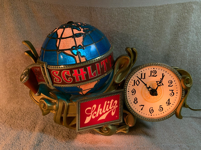 Schlitz Beer Advertising Lighted Sign with Rotating Globe & Working Clock ©1976 - 02