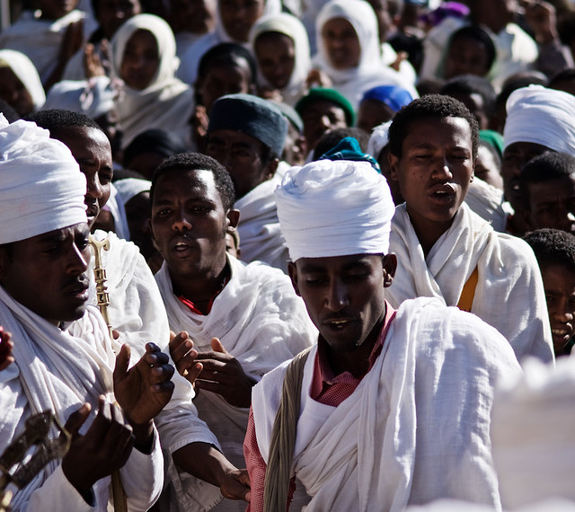 Priests at True cross ceremony - Mount Abuna Yoseph, Lalibela, Ethiopia - Version 2