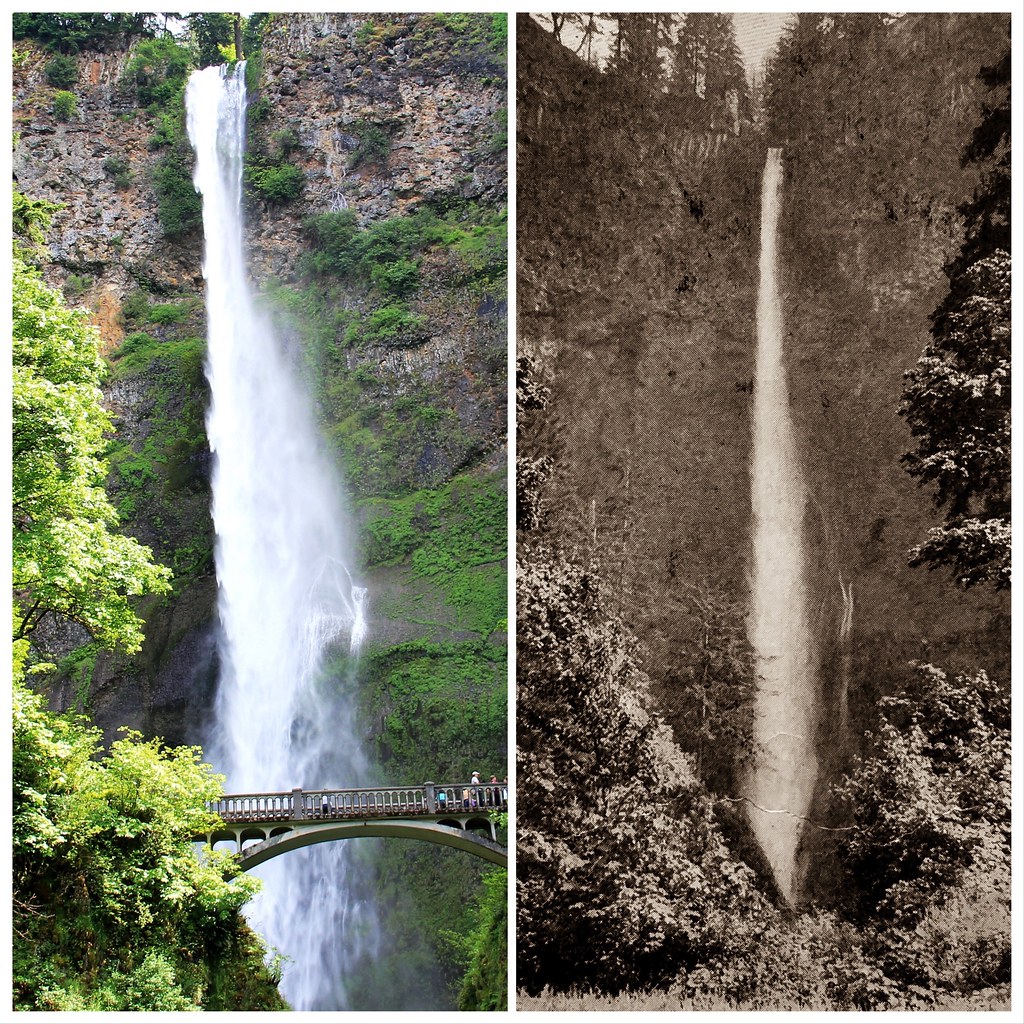 Upper Multnomah Falls in the Columbia River Gorge, Oregon -- Now & Then (1909)